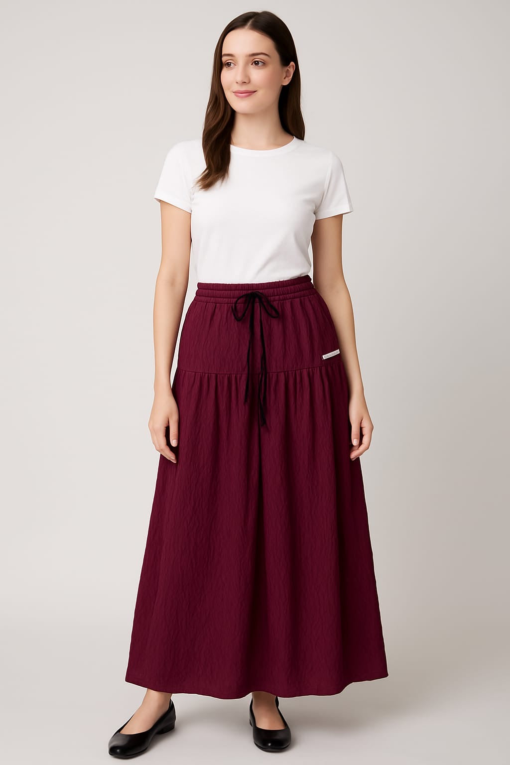Pleated Long Skirt-Maroon