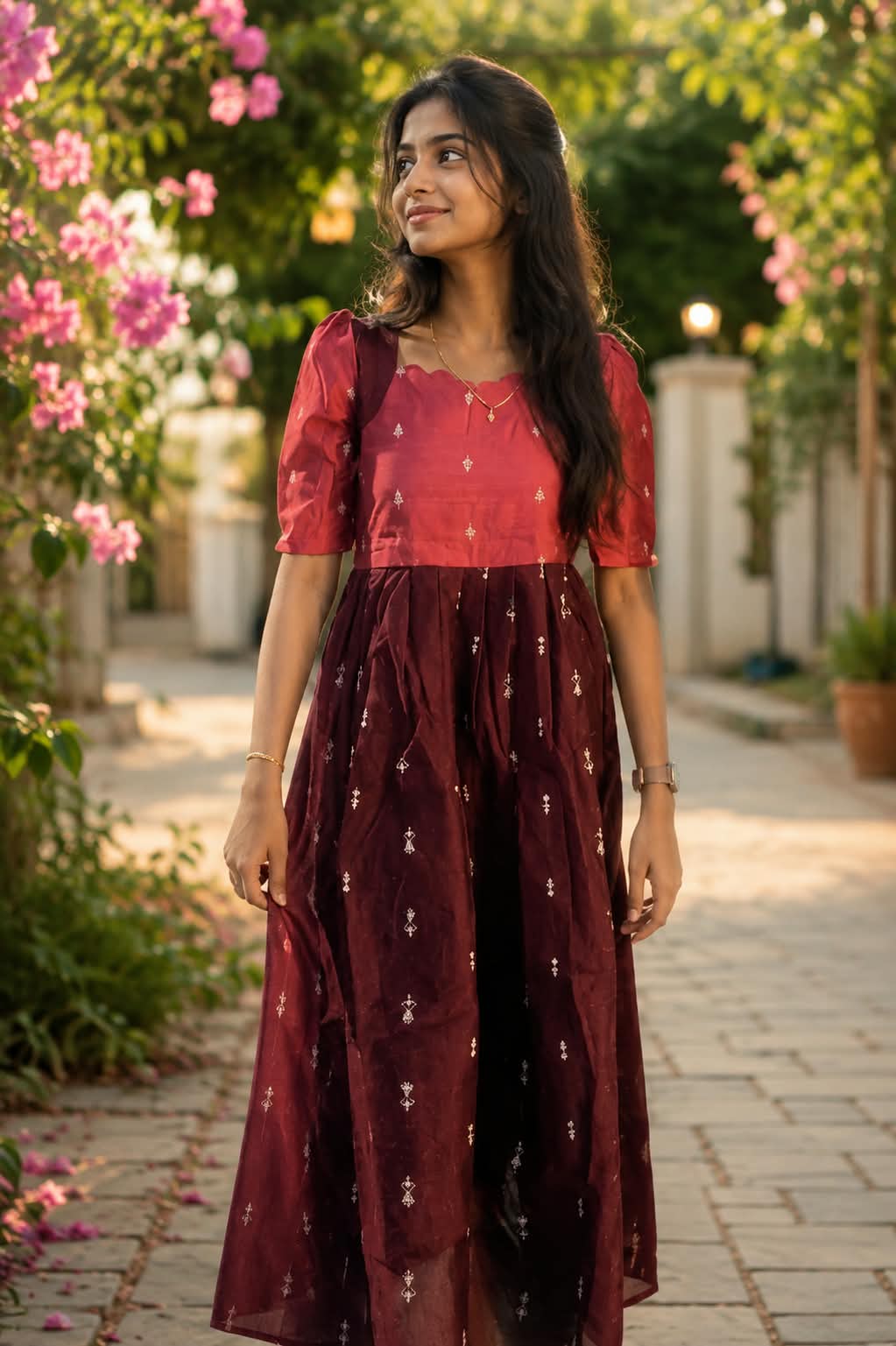 Raw silk anarkali - deep-burgundy and rose-pink