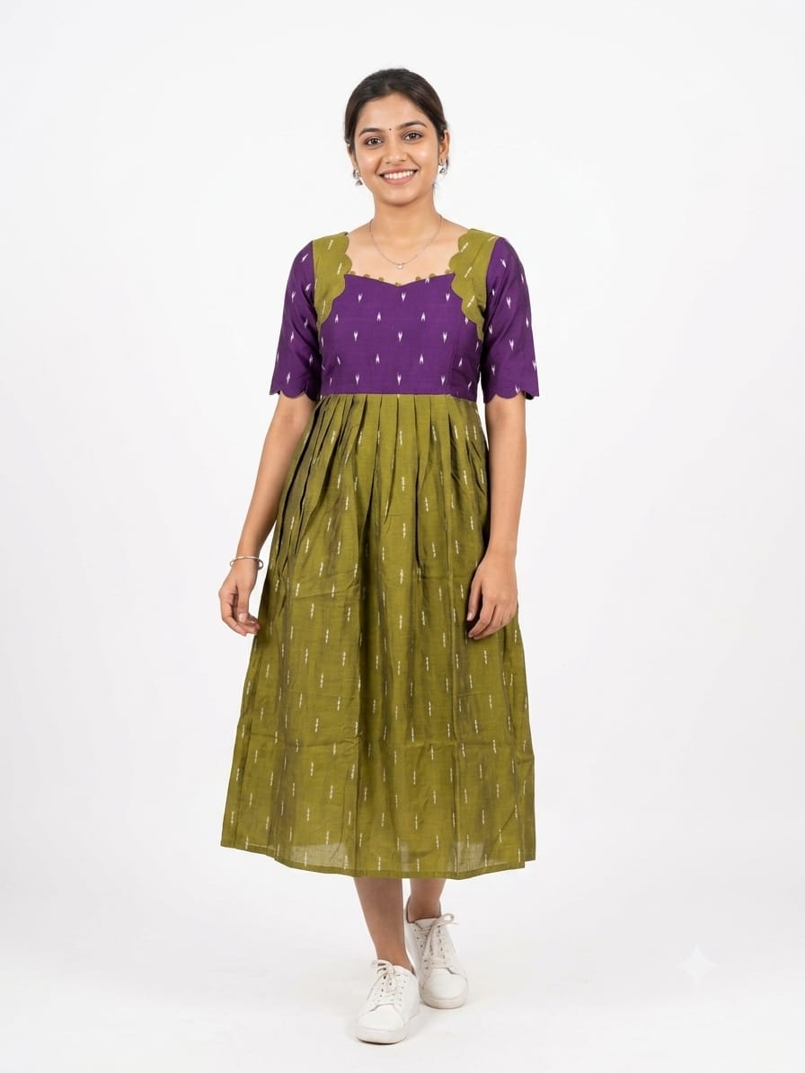 Raw silk anarkali - olive green and deep violet