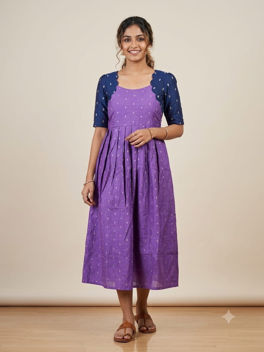 Raw silk anarkali - rich purple with navy blue