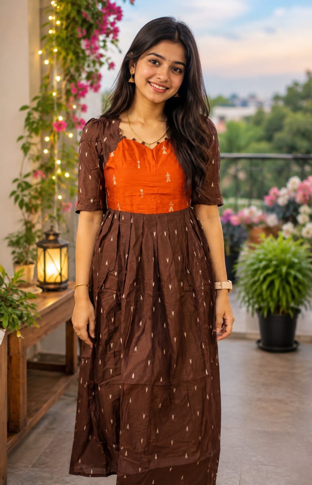 Raw silk anarkali - Chocolate brown and orange-red