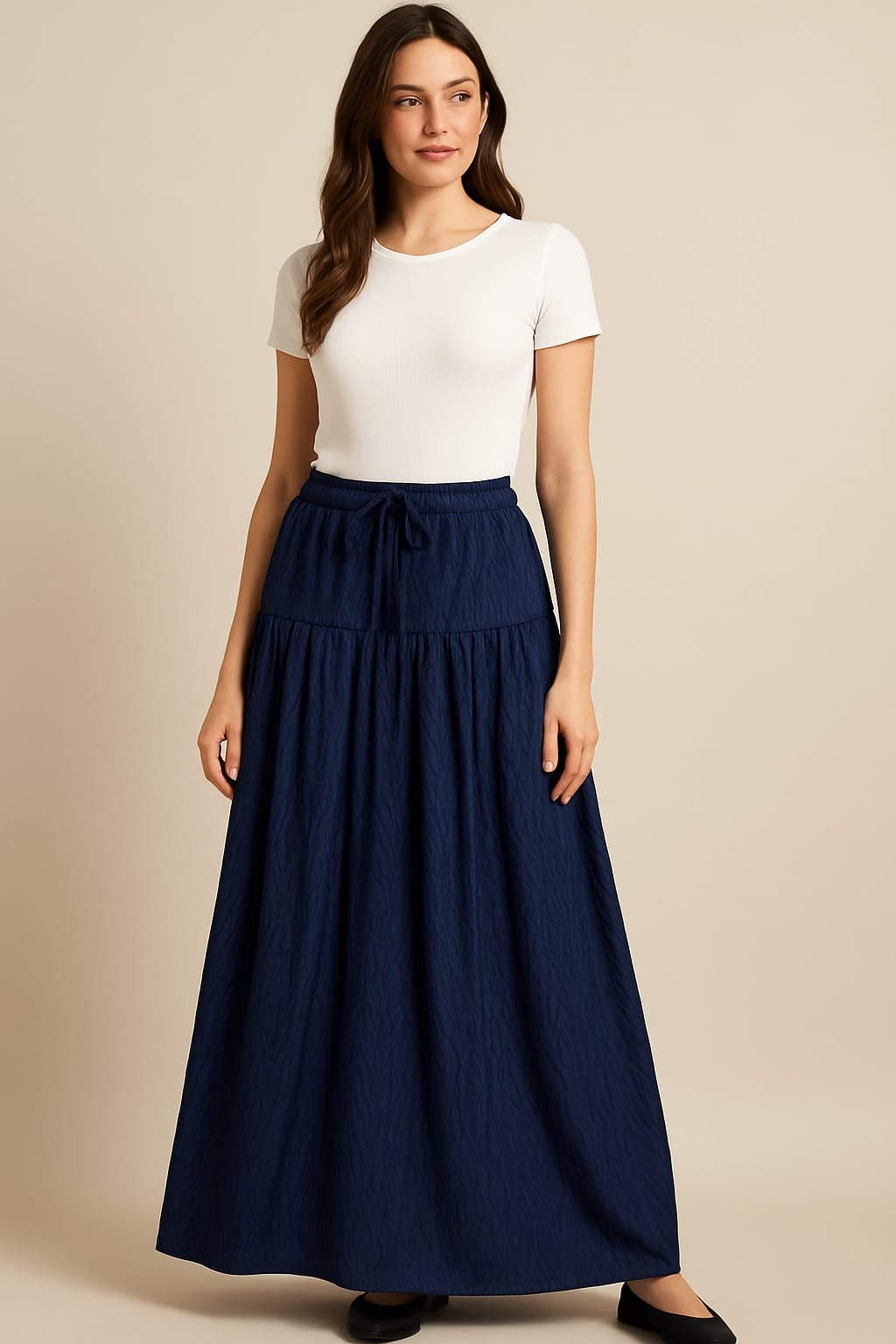 Pleated Long Skirt-Navy blue